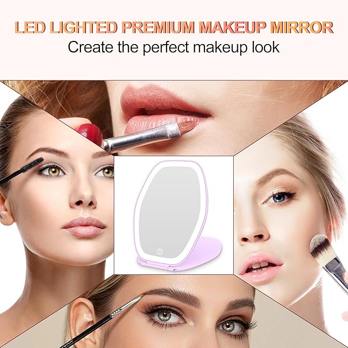 COSYGLOW Travel Makeup Mirror with Light: 3 Color Lighting Portable Mirror with Touch Screen Rechargeable Adjustable LED Lights Hexagon Vanity Mirror for Travel, Desk, Home (Purple)