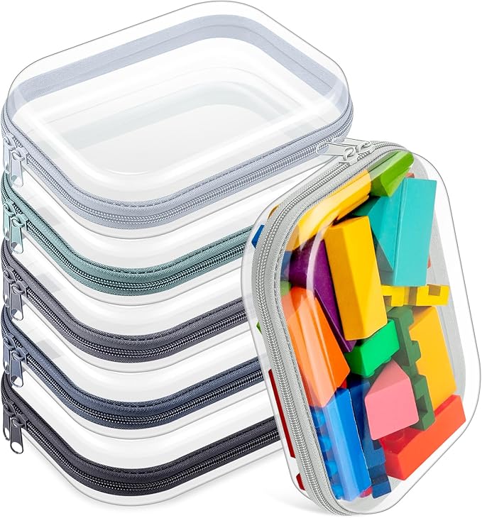 Sanwuta 6 Pcs Clear Hard Zipper Case Plastic Zipper Pouches Transparent Makeup Bag Pencil Case Pouches Toiletry Diaper Bag for Travel Toy Storage Organizer Bins(Blue-green,7.87 x 5.9 x 2 Inch)