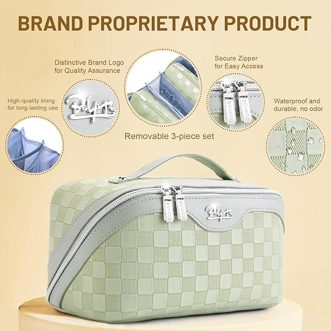 BOYATU Travel Makeup Bag Organizer: 3 Pcs Set Large Capacity Cosmetic Bags Holds 10–20 100ml Full-Size Bottles - 180°Open-Flat Make up Case 3-sec touch-up - Toiletry Bag Gift women (01-D-Green)