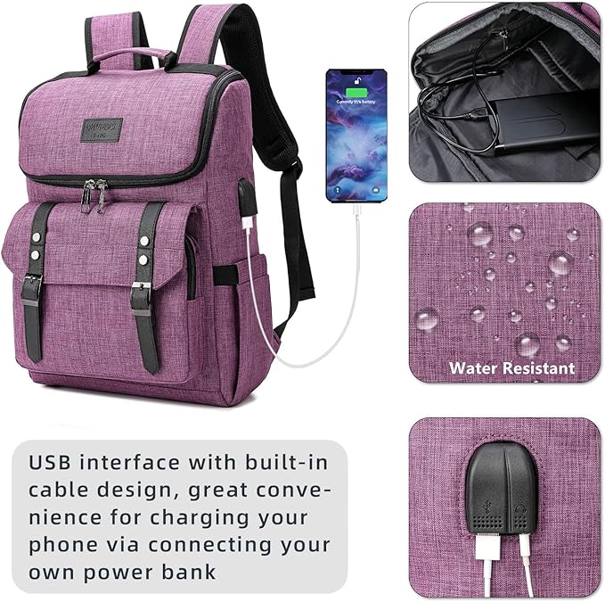 YALUNDISI Vintage Backpack Travel Laptop Backpack with usb Charging Port for Women & Men College Backpack Fits 15.6 Inch Laptop Purple