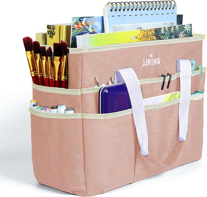 JJRING Craft Organizer Tote Bag, Large Art Storage Caddy with Multiple Pockets, Beige Sewing Bag for Art, Craft, Scrapbooking, School, Medical, and Office Supplies Storage