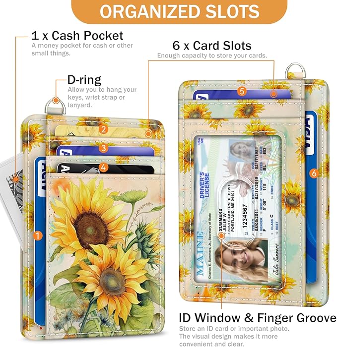 Yonlevres Credit Card Holder Slim Wallet, Sunflower RFID Wallet Women Front Pocket Small Card Holder, Travel Cute Funny Thin Card Case ID Window PU Leather RFID Blocking Card Organizer Gifts Girls