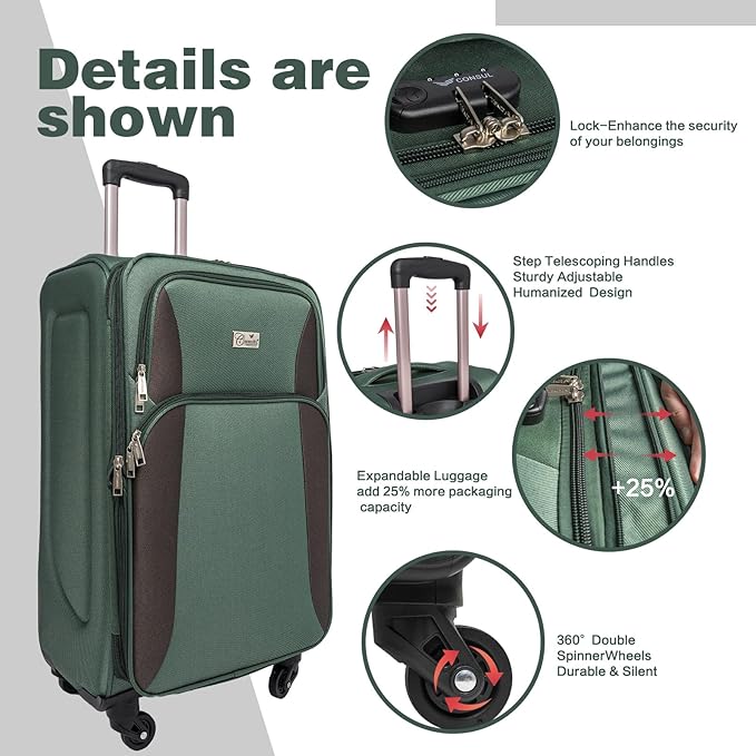 Softshell Luggage Expandable 4 Piece Set (20/24/28/32 Inch) Suitcase Softside Lightweight Luggage Travel Set Elegant Suitcase (Dark Green)