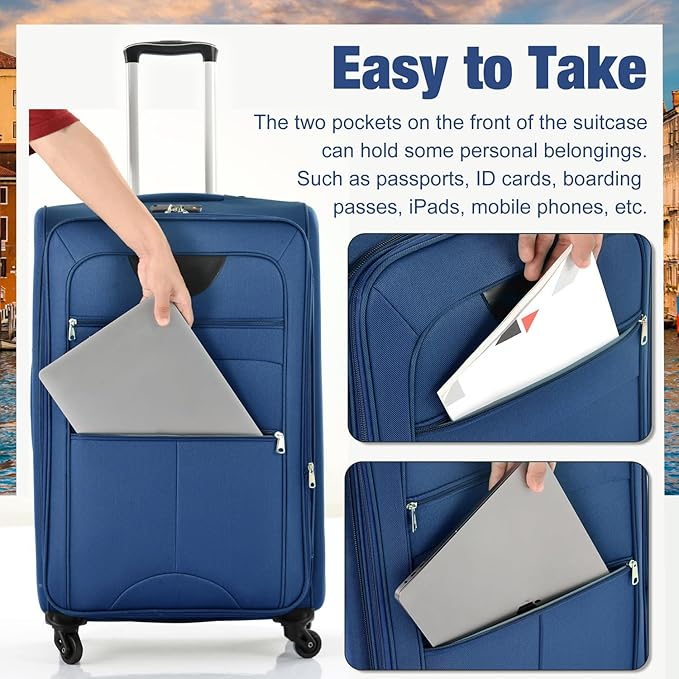 Luggage Sets Softside Expandable 3 Piece Set Lightweight Suitcase with Duffel Bag Upright Spinner Softshell, TSA Lock Carry On for Business for Family Travel (Navy Blue, 22"/26"/30")