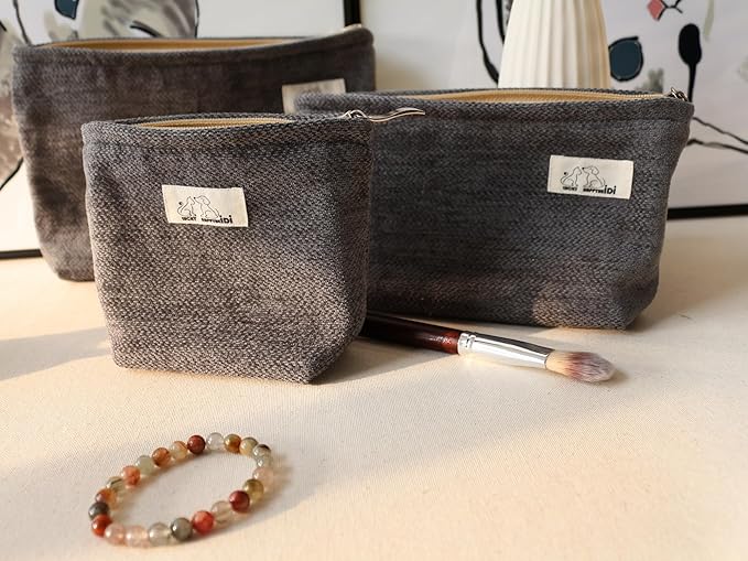 HAPPYHEIDI Large Gray Velvet Makeup Bag with Compartment Cosmetic Toiletry Travel Pouch,Purse Accessory Organizer, Canvas Lined