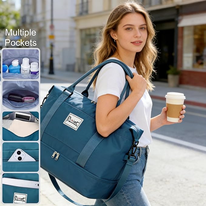 Travel Duffel Bag, Personal Item Travel Bag, Weekender Bag with Shoe Compartment & Wet Pocket, Lightweight Carry On Overnight Tote for Travel, Gym, Weekend Getaway (Peacock Blue)