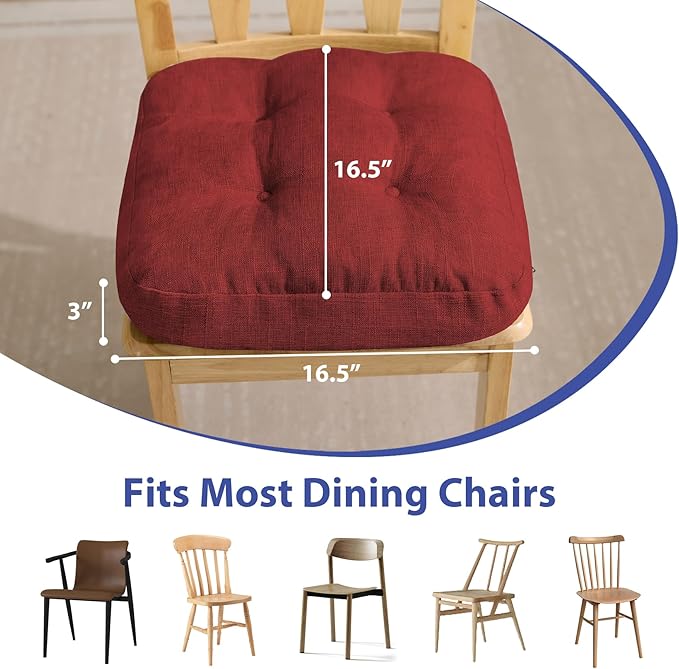 Chair Cushions for Dining Chairs, Dining Chair Cushions, Tufted Indoor Chair Pads with Ties & Non Slip Backing, Seat Cushions for Kitchen Chairs 16.5” x 16.5” x 3.5”, Set of 6, Red