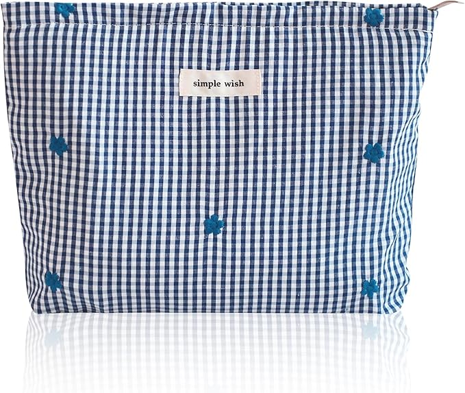Wudygirl Cute Makeup Bag for Women - Travel Cosmetic Bag with Zipper Makeup Pouch Floral Make up Organizer Handbag Aesthetic (Navy BLue Checkered)