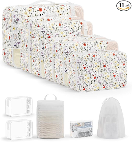 11 Set Packing Cubes for Travel, Gifts for Women Mom Kids, TSA Approved Bags for Makeup, Cosmetic, Toiletry, Suitcase Organizers for Checked Luggage,Cruise Essentials,Airplane Accessories,White Floral