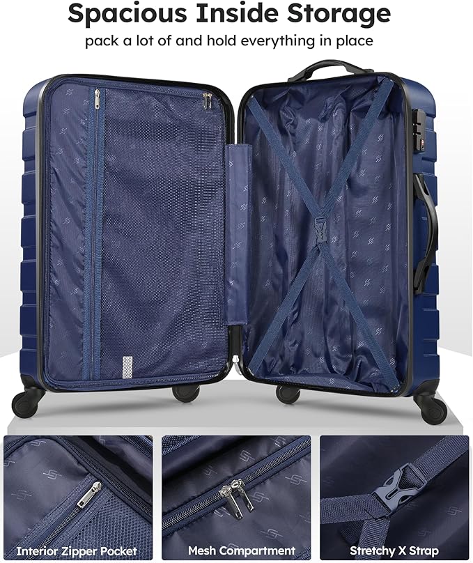 Suitour Luggage 3 Piece Sets Hard Shell Luggage Set Spinner Wheels, TSA Lock, 20 24 28 inch Travel Suitcase Sets, Dark Blue