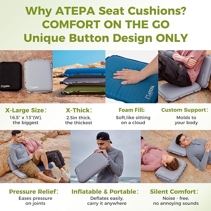 ATEPA Inflatable Seat Cushion, Self-Inflating Portable Stadium Airplane Travel Foam Cushion Pad for Camping, Sports Events, Outdoor