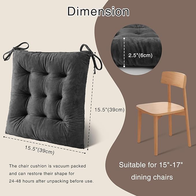 OVOV 4 Pack Chair Cushions for Dining Chairs Soft Seat Cushions for Kitchen Desk Chairs Square Chair Pads with Ties (15.5"x15.5" Dark Grey)