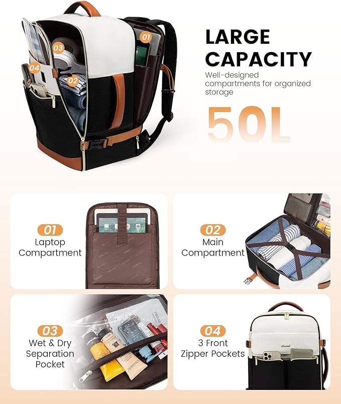 LOVEVOOK Travel Backpack for Women, TSA Carry On Backpack Flight Approved Luggage, 50L Water Resistant Personal Item Daypack Large Weekender Bag fit 18 inch Laptop with 3 Cubes, Beige-black-brown
