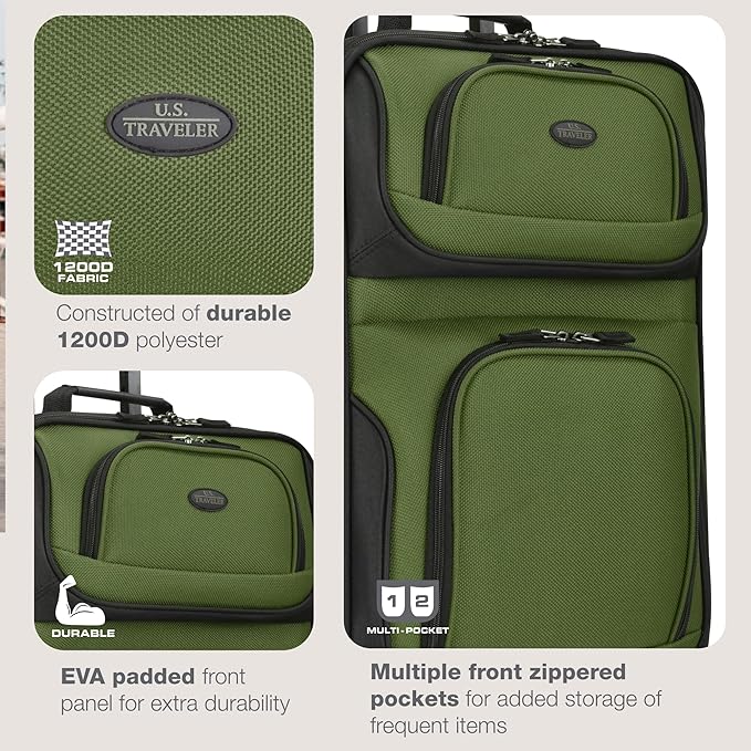 U.S. Traveler Rio Lightweight Softside Rolling Carry-on Suitcase, 2-Wheel Single, Green