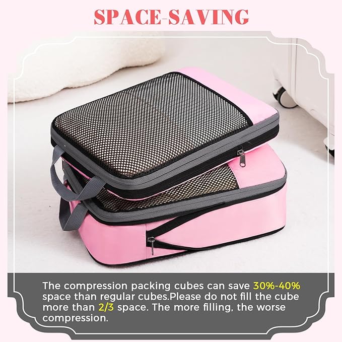 BAGAIL 4 Set/6 Set/8 Set Compression Packing Cubes Travel Accessories Expandable Packing Organizers (Half Mesh, 6-Pink)