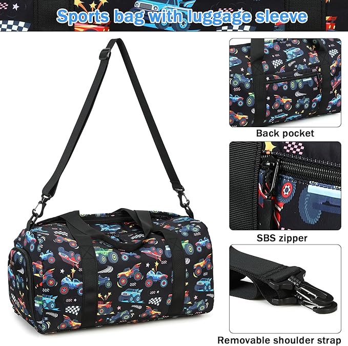 BTOOP Kids Overnight Bag for Boys Small Soccer Sports Gym Bags Duffle Tote With Shoe Compartment Toddler Weekender Sleepover Bags for Travel (Truck-Black)