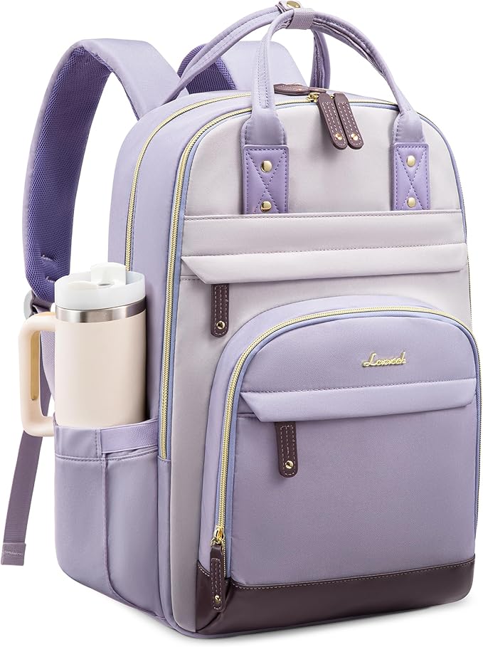 LOVEVOOK Laptop Backpack for Women with Giant Tumbler Holder,18 inch School College Book Bag Nurse Teacher Backpack,Work Travel Backpack Purse Laptop Computer Bag, Taro purple-Light purple-Purple