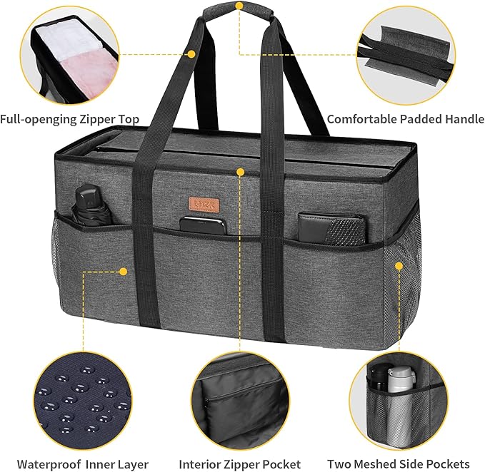 LHZK Stand Up Extra Large Utility Tote Bag with Lid, Utility Tote Bag with Metal Wire Frame and the Sides Rinforced, Reusable Grocery Bags Foldable, Beach Bag, Car Tote (Gray)