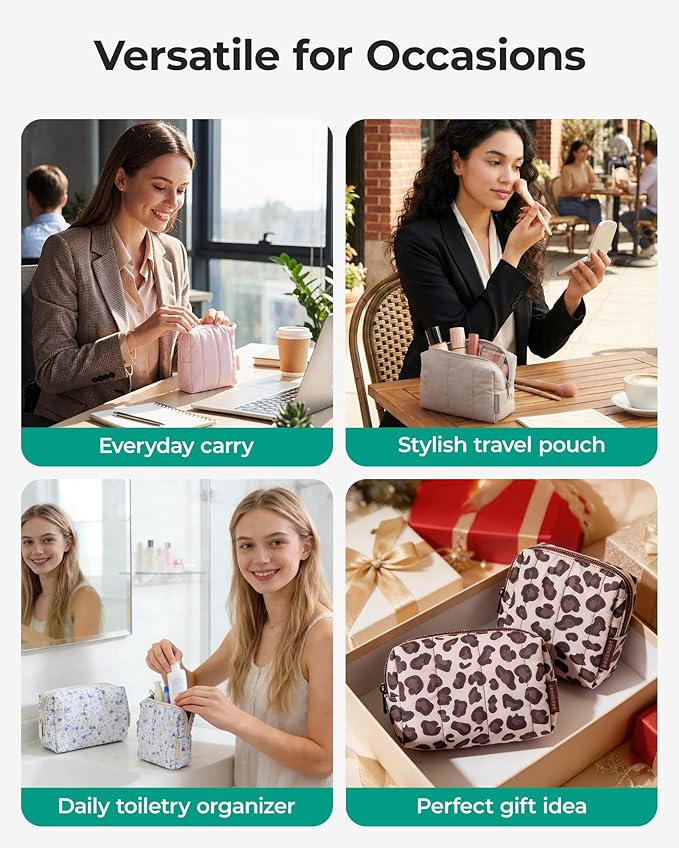 BAGSMART Makeup Bag Duo Set, Puffy Padded Travel Cosmetic Organizer with Slip-in Pockets, Large Toiletry Bag & Small Purse Pouch, Travel Essentials for Women, Leopard