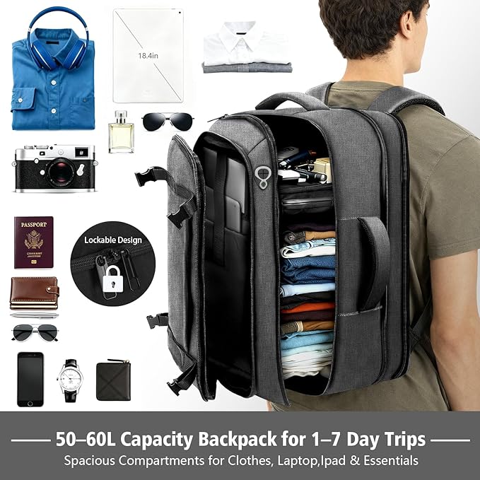 Spacious Carry On Backpack,Expandable Large 1-7DAYS Capacity Travel Backpack with USB Cable Port,Fits 18.4" Laptop,Anti Theft Water Resistant Work Backpack for Men Women,Extended Travel Work,Grey