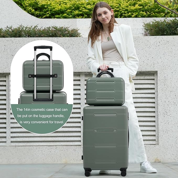 Merax Luggage Set 6 Piece,Lightweight Hardshell Suitcase with Double Spinner Wheels Handle Password Lock,14 IN Cosmetic Case 20/24/28 IN Luggages with Duffel Bag and Toiletry Bag,Army Green
