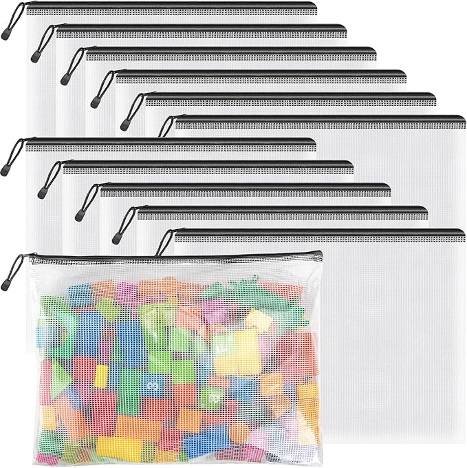 Umriox Mesh Pouch, 14.9x11.0 in (Black, 12 Pack), Extra Large Waterproof Zipper Bags for Office Supplies, Puzzles, Board Games & Cross Stitch Projects