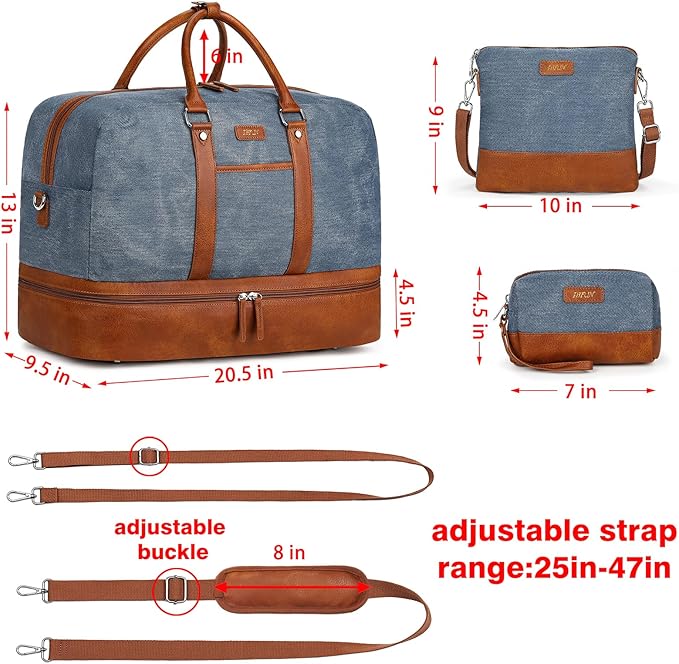 Weekender Bag for Women, Large Overnight Bag Canvas Travel Duffel Bag Carry On Tote with Shoe Compartment 21" 3Pcs Set