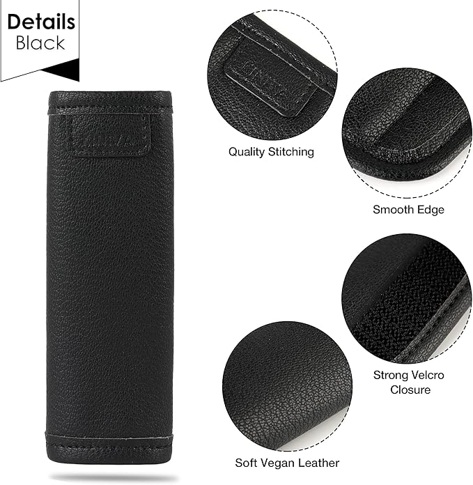 KINIVA Vegan Leather Luggage Handle Wraps, 4 Pack Set, Black, 5.7"x6.1" (Unfolded), 5.7"x2.4" (Folded), Travel Accessories, Suitcase Markers