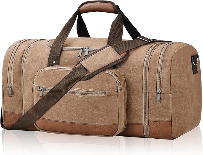 Litvyak Duffle Bag for Travel, Large 60L Canvas Travel Duffel Bags Overnight Weekend Gym Carry On Luggage Bag for Men & Women(Coffee)