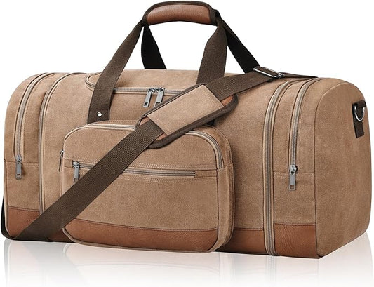 Litvyak Duffle Bag for Travel, Large 60L Canvas Travel Duffel Bags Overnight Weekend Gym Carry On Luggage Bag for Men & Women(Coffee)