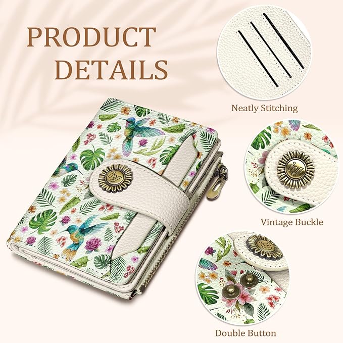 Icycay Hummingbird Small Wallet Women RFID Blocking Bifold, Cute Credit Card Holder, Zipper Coin Pocket, PU Leather, Compact, Travel, 4 ID Window, 14 Card Slots, Cash Purse, Ladies Woman Female Girls