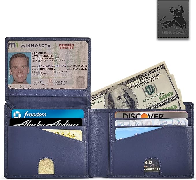 Mens RFID Blocking Bifold Wallet Napa Top Grain Leather, Secure and Durable Extra Capacity Billfold with 11 Credit Cards & Flip Up ID in Storm Cloud Blue with Tight Stitching, Quick Thumb Push Access