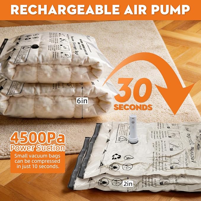 TOLDATE 12 Pack Travel Vacuum Bags - Compression Bags for Travel with 4 Different Sizes(2J/2L/4M/4S)，Vacuum Travel Bags with Rechargeable Pump for Luggage and Home Organization