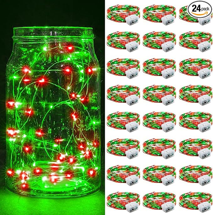 24 Pack Fairy Lights 7Ft 20 LED Twinkle String Lights 3 Modes Battery Operated Waterproof Firefly Starry for Mason Jar Party Wedding Christmas Valentines Day Table Centerpieces,Red&Green