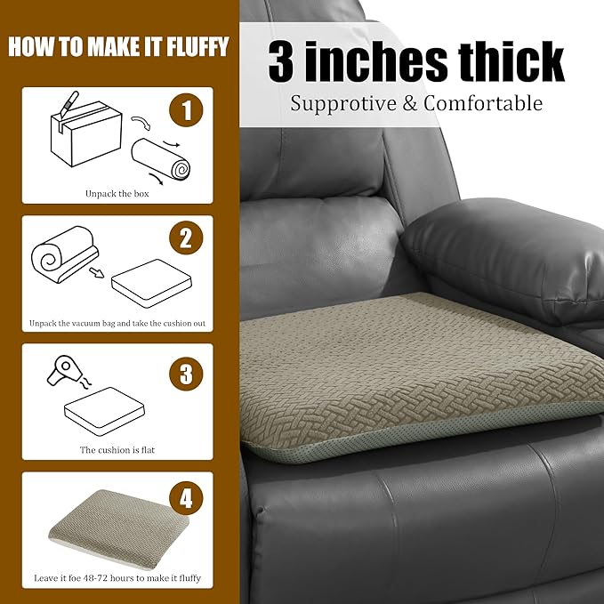 HOMBYS Tufted Furry Recliner Seat Cushion for Elderly Foam Curved Edge Large Square Seat Cushion for Recliner Chair, Floor Pillow, Office Chair, Car, No Pressure on Thighs(Coffee)