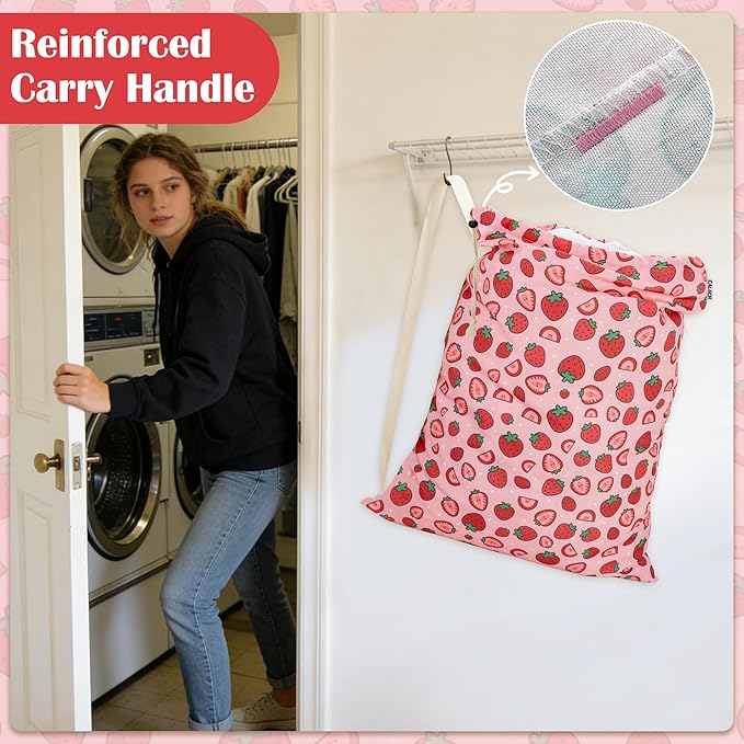 Canvas Laundry Bag with shoulder Strap 24"W x 29"H, Large Drawstring Dirty Clothes Bag Washable Laundry Sack for College Dorm, Travel, Home, Camp (Strawberry)