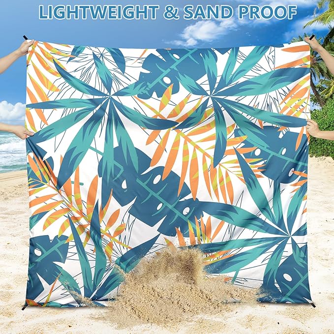 Beach Blanket Waterproof Sandproof Beach Mat for 1-8 Adults Quick Drying Durable Outdoor Picnic Mat for Beach Festival Travel Camping Hiking (W&GN&Y-Palm, 79"×83"(4 Person))