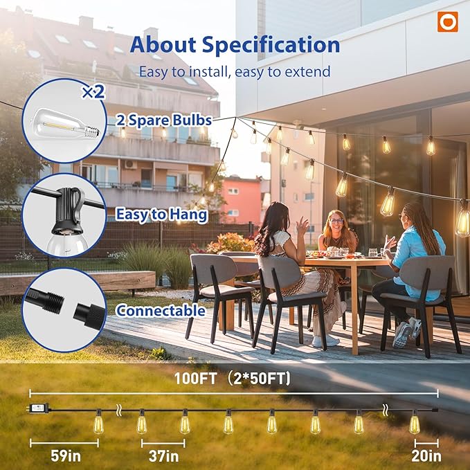 addlon 100FT Outdoor String Lights ST38 LED with Remote Waterproof Dimmable | Shatterproof Replaceable Bulbs, Connectable Hanging Strand for Porch Backyard Patio Garden Deck Outside, Timer,3 Modes
