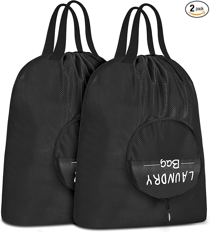 Sylfairy 2 Pack XL Laundry Bag with Strap,Heavy Duty Travel Laundry Bag,Rip-Stop Dirty Clothes Shoulder Bag with Drawstring,Easy Fit a Laundry Hamper or Basket Travel Essentials (Black)