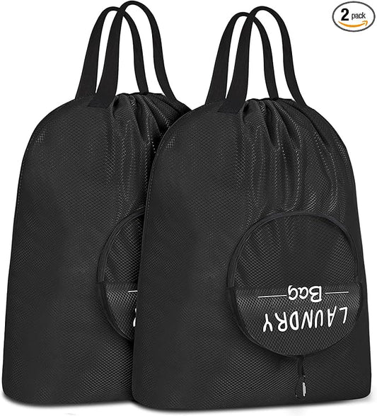 Sylfairy 2 Pack XL Laundry Bag with Strap,Heavy Duty Travel Laundry Bag,Rip-Stop Dirty Clothes Shoulder Bag with Drawstring,Easy Fit a Laundry Hamper or Basket Travel Essentials (Black)