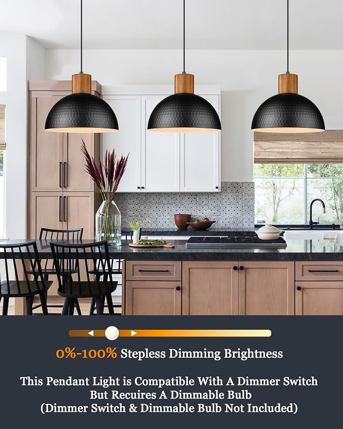 ELYONA 2 Pack Hammered Pendant Lights, 12" Industrial Metal Dome Hanging Lamp, Solid Wood Pendant Light Fixtures for Kitchen Island, Bar, Farmhouse, Dining Room, Bedroom, Hallway, Black