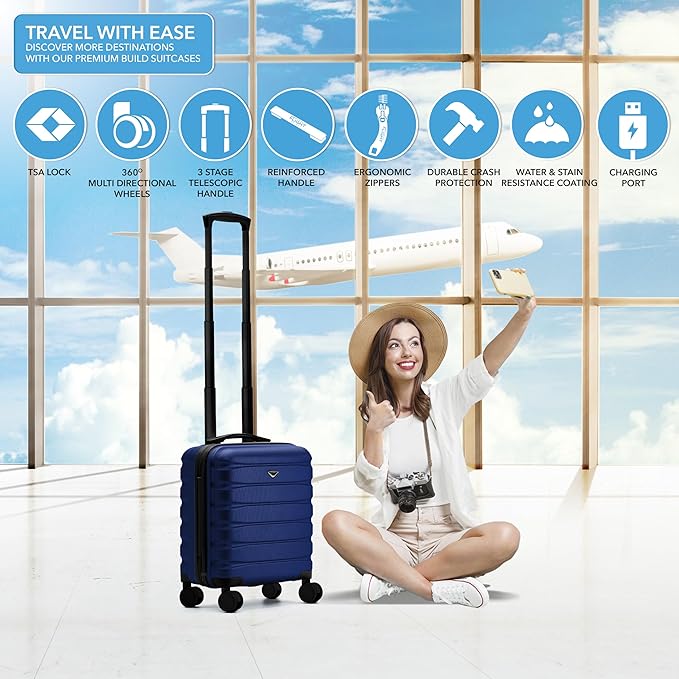 Flight Knight Carry On Suitcase 18x14x8" Hardside Built In TSA Lock & USB Port Lightweight Luggage Silent Double Spinner Wheels Maximum Underseat Carry-On Bag For American & United Approved Airlines
