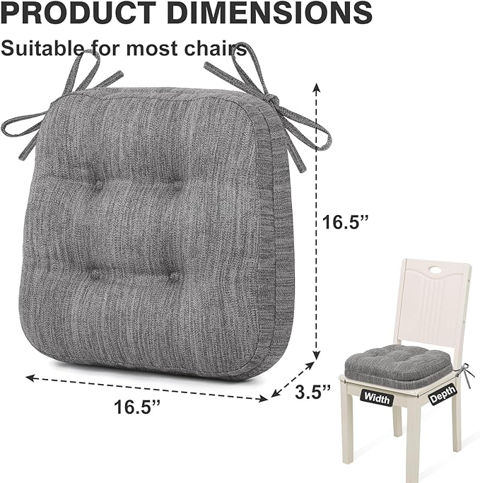 Shinnwa Kitchen Chair Cushions Set of 2, Dual-Layer Memory Foam Dining Chair Cushions, Patented Design Seat Pads with Ties, 16.5 x 16.5 x 3.5in, 2 Pack, Grey