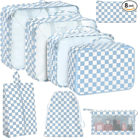 8 Set Packing Cubes for Travel, Luggage Packing Organizers Accessories Large Toiletries Bag for Clothes Shoes Cosmetics (Blue Checkered)