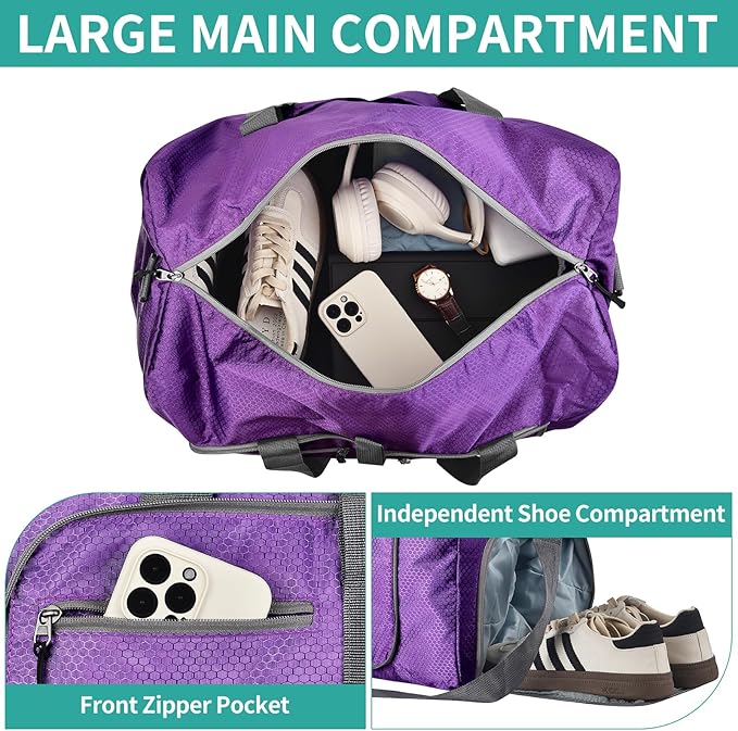 Dimayar Travel Duffle Bag for Men Women - Foldable Duffel Bag with Shoes Compartment - Overnight Bags Waterproof & Tear Resistant(115L,Purple)
