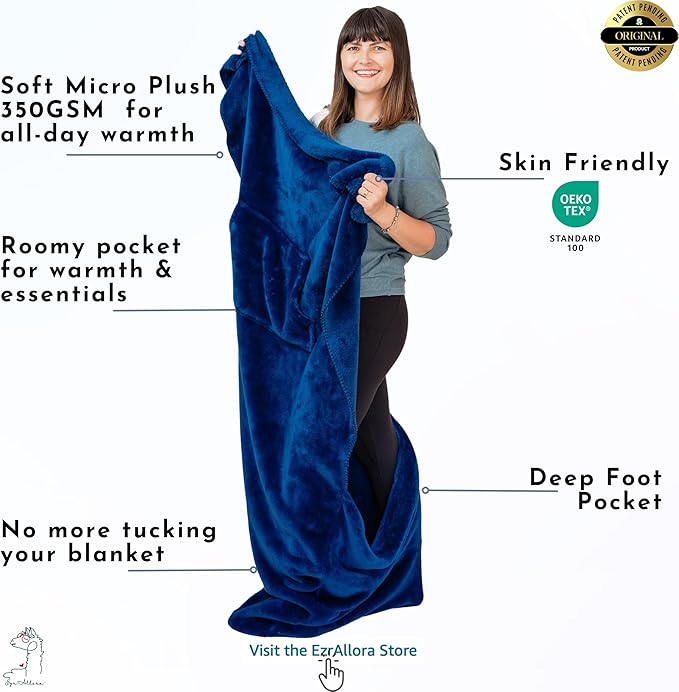 Plush Fleece Lightweight Foot Pocket Blanket - TV Throw Blanket - Premium Gifts for Men Who Want Nothing - Gifts for Gamer Dad -Patent Pending (Fleece, Velvet Blue)