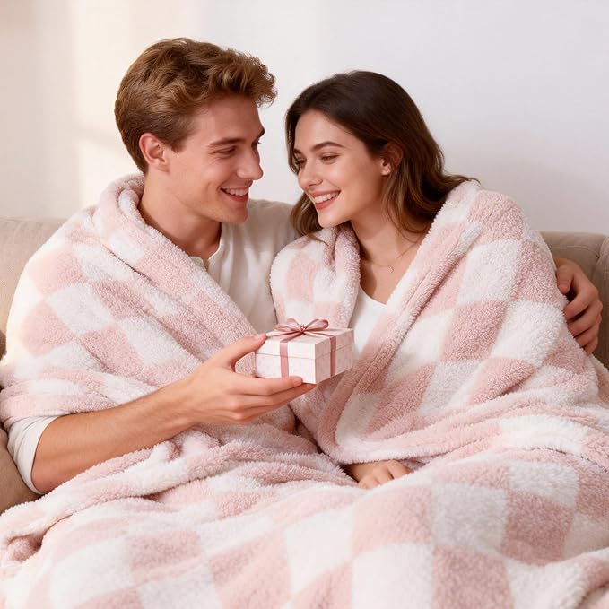 SeaRoomy Checkered Throw Blanket, Ultra Soft Microfiber Knit Throw Blanket, Cozy Fluffy Fuzzy Reversible Checkerboard Pink Blanket for Couch Sofa Bed Decor(Light Pink, 51"63")