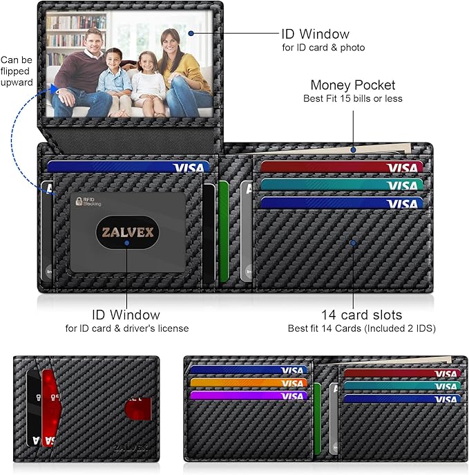 Wallet for Men Slim RFID Blocking Leather Credit Card Holder Wallet for 14 Cards, Bifold Minimalist Thin Wallet with 2 ID Windows & Cash Slot, Front Pockt Carteras Para Hombres, Birthday Gifts for Men