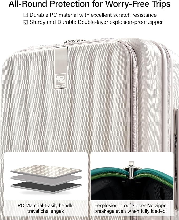 Hanke 16 Inch Expandable Under Seat Luggage with Wheels Top Opening Small Suitcase with Wheels Carry On Luggage Airline Approved Lightweight Hard Shell Suitcases for Weekender Overnight-Ivory White