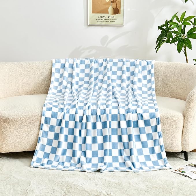 Checkered Blanket Flannel Throw Blankets Soft Cozy Checkered Grid Print Chessboard Gingham Pattern Throws for Bed Sofa Couch for All Seasons, 60x80 Inch, Blue